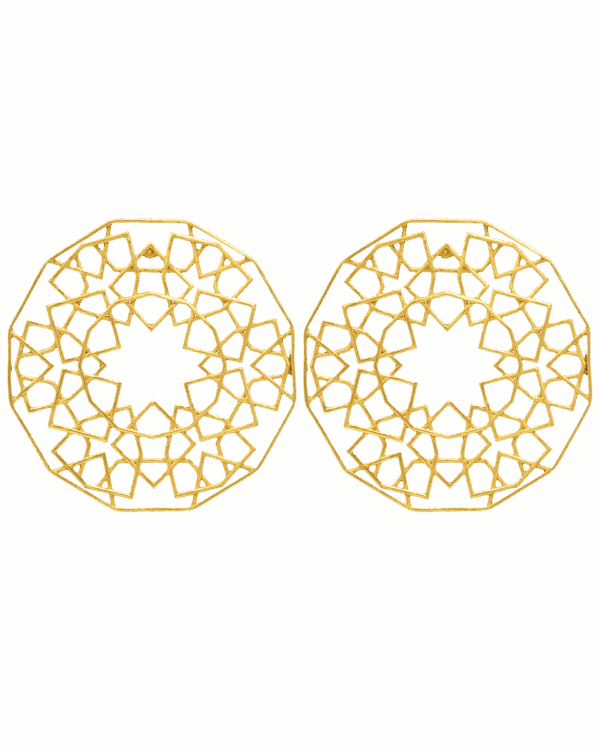 Golden Indian jewelry earrings with intricate geometric design, perfect for traditional or contemporary outfits. High-quality gold finish with elegant craftsmanship.
