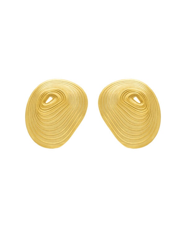 Shiny gold statement earrings with layered spiral design, perfect for Indian fashion jewelry and festive occasions.