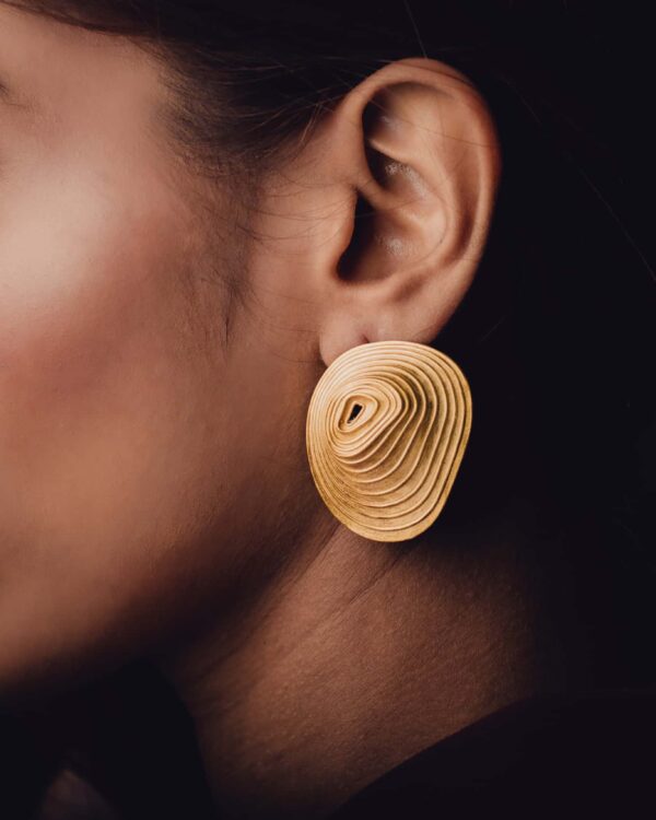 Elegant wooden spiral statement earrings for Indian fashion jewelry, perfect for traditional and modern style. Suitable for women seeking unique handcrafted jewelry showcasing contemporary design.