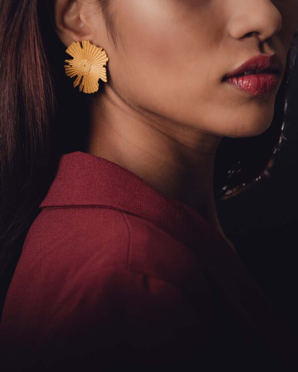 Elegant gold statement earrings with intricate floral design, perfect for Indian wedding or festive jewelry attire.