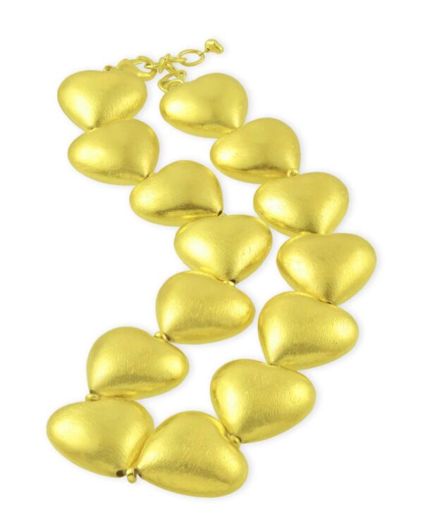 Shiny gold heart-shaped jewelry set, statement necklace and earrings, perfect for Indian fashion jewelry lovers, crafted with elegance, ideal for traditional or festive occasions.