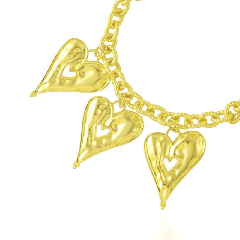 Shiny gold-plated heart-shaped jewelry set with matching necklace and earrings, ideal for Indian fashion accessories and festive wear.