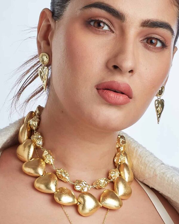 Elegant gold jewelry set with statement heart-shaped earrings and layered necklaces, perfect for Indian fashion jewelry lovers and enhancing traditional or modern outfits.