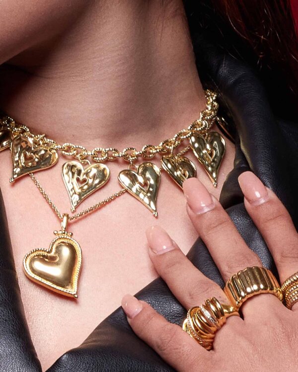 Shiny gold heart-shaped jewelry set including a necklace and rings, perfect for Indian fashion jewelry lovers and stylish accessories.