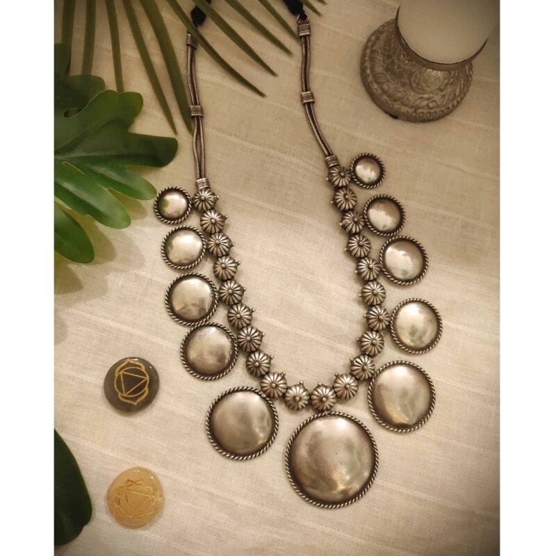 Sterling silver traditional Indian jewelry necklace with large pearl accents and floral designs, perfect for ethnic occasions and festive wear. Stunning statement piece from Kurabels.