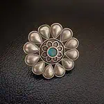 Elegant silver Indian jewelry pendant with teardrop-shaped embellishments and a central turquoise stone, perfect for traditional jewelry styling.