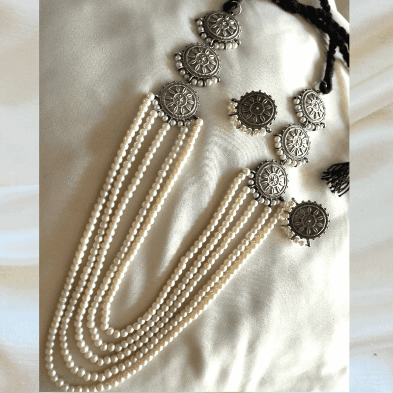 Multi-Strand Pearl Necklace Set with Tribal Silver Accents