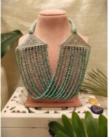 Intricate turquoise and silver Jaipur style necklace featuring detailed geometric and leaf motifs, perfect for Indian fashion jewelry collections.