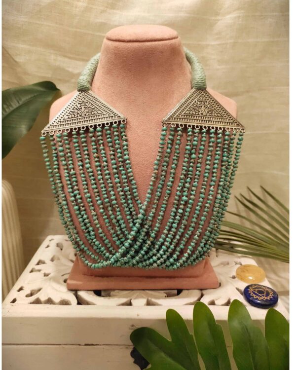 Intricate turquoise and silver Jaipur style necklace featuring detailed geometric and leaf motifs, perfect for Indian fashion jewelry collections.