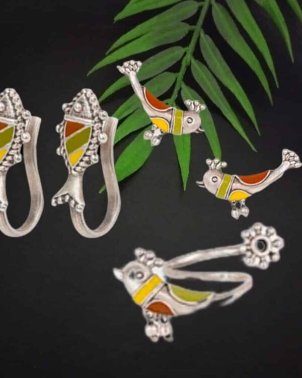 Colorful Indian enamel jewelry set including earrings and pendant featuring fish motifs with silver accents, perfect for traditional or festive occasions.