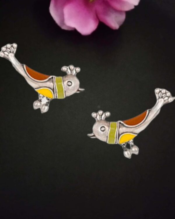 Colorful traditional Indian jewelry earrings with peacock designs, featuring vibrant enamel work in yellow, orange, green, and silver accents, perfect for festive occasions and jewelry collection.