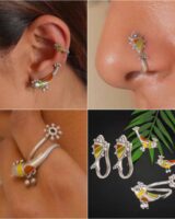 Colorful Indian jewelry earrings and nose ring set featuring traditional motifs, oxidized silver finish, and vibrant enamelwork, perfect for festive and bridal accessories.