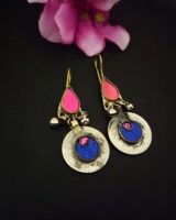 Colorful Indian boho earrings with pink, blue, and silver accents, perfect for traditional or contemporary Indian fashion jewelry styling.