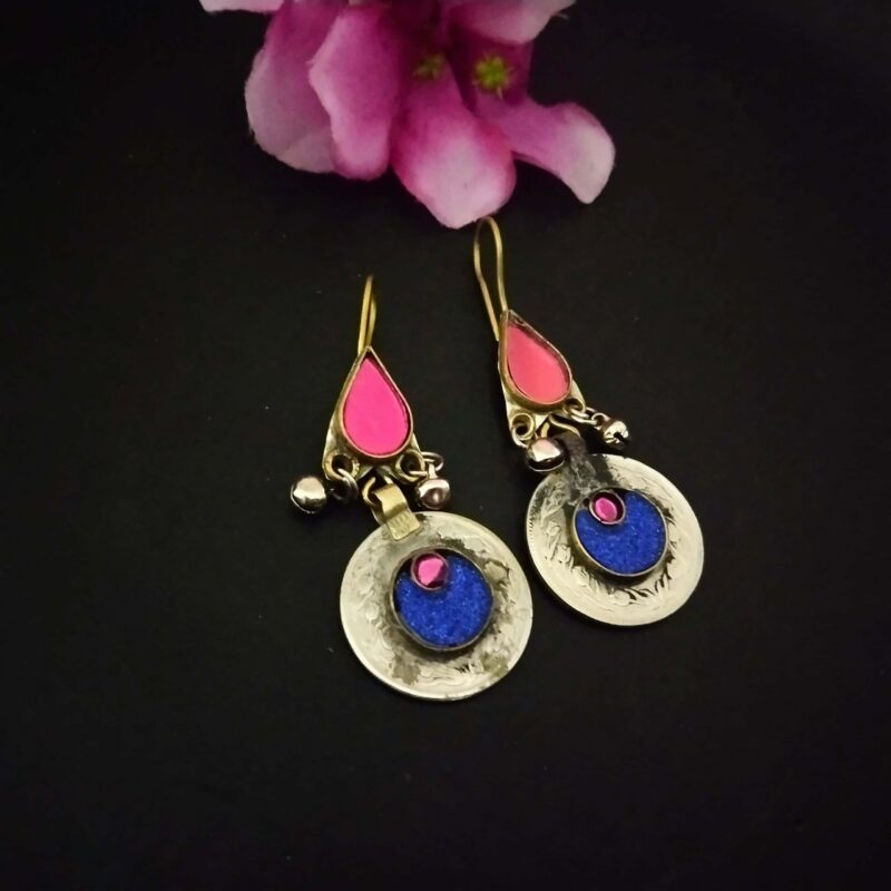 Colorful Indian boho earrings with pink, blue, and silver accents, perfect for traditional or contemporary Indian fashion jewelry styling.