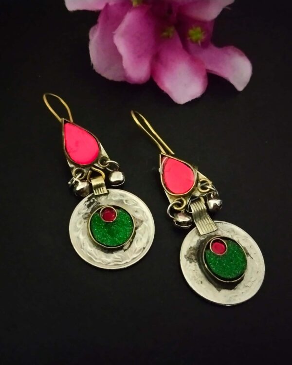Vibrant Indian bohemian earrings with red, pink, and green enamel accents, featuring traditional jewelry design perfect for festive or ethnic wear.