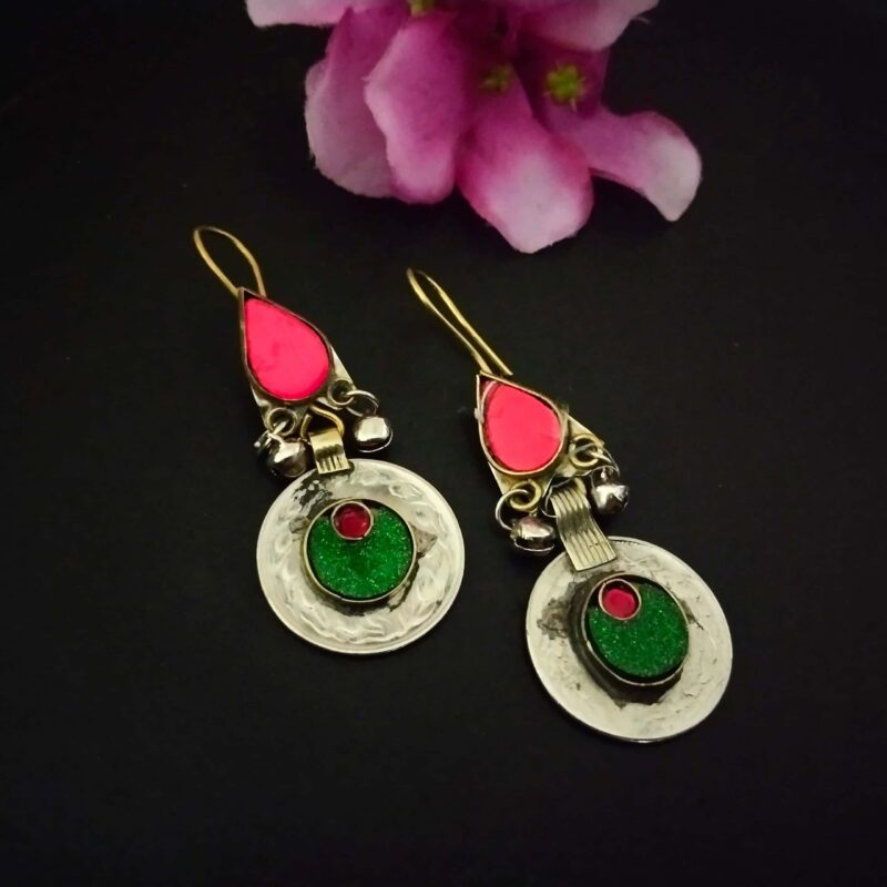 Vibrant Indian bohemian earrings with red, pink, and green enamel accents, featuring traditional jewelry design perfect for festive or ethnic wear.