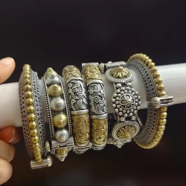 Vintage Indian Boho Oxidized Silver and Gold Plated Jewelry Bangles Set, Traditional Ethnic Wedding Jewelry Accessory for Women, Kurabels Indian Jewelry Collection.