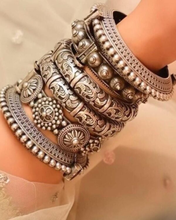 Vintage Indian silver jewelry bangles, traditional silver armlets and oxidized jewelry set for women, authentic handcrafted Indian jewelry collection from Kurabels.