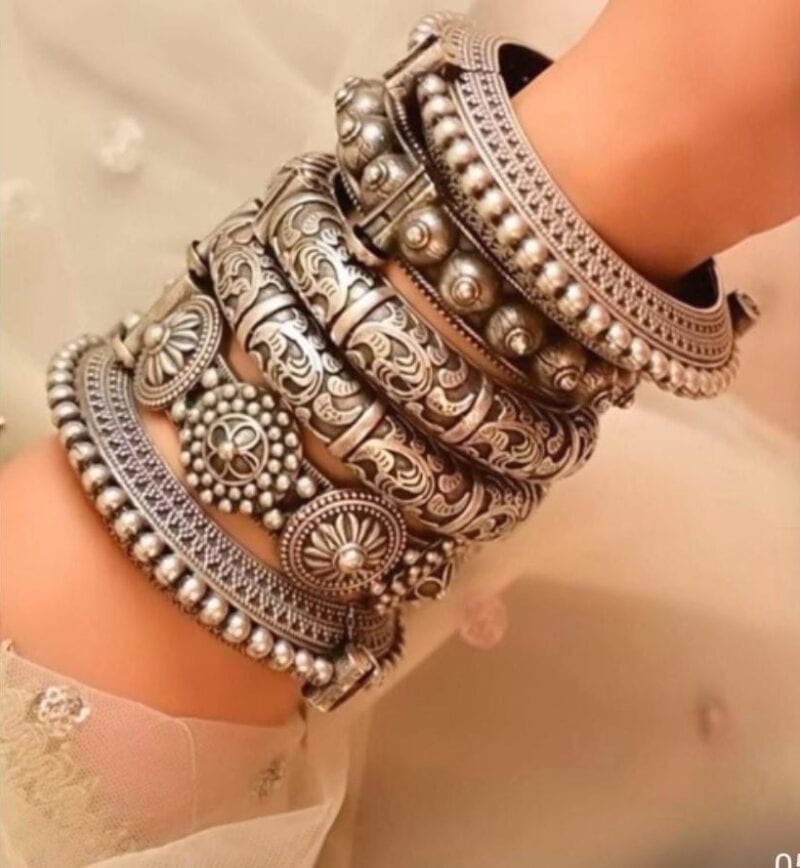 Vintage Indian silver jewelry bangles, traditional silver armlets and oxidized jewelry set for women, authentic handcrafted Indian jewelry collection from Kurabels.