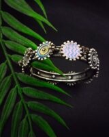 Colorful Indian Bohemian style oxidized silver bracelet with pastel pink, blue, and yellow accents, handcrafted jewelry for women, perfect for ethnic or casual fashion.
