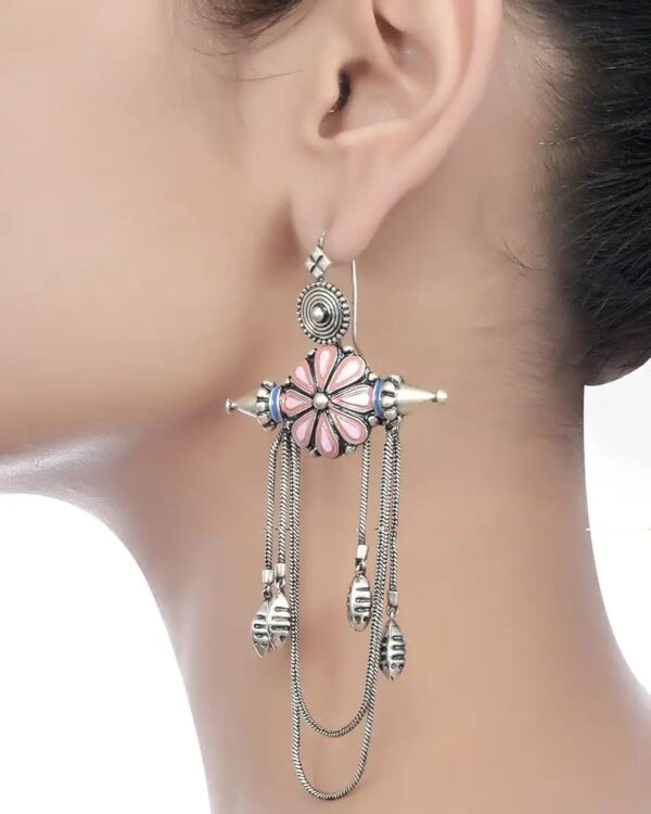 Silver Indian ethnic jewelry earring with floral, necklace, traditional jewelry, boho chic, handcrafted jewelry, statement earrings, Kurabels.