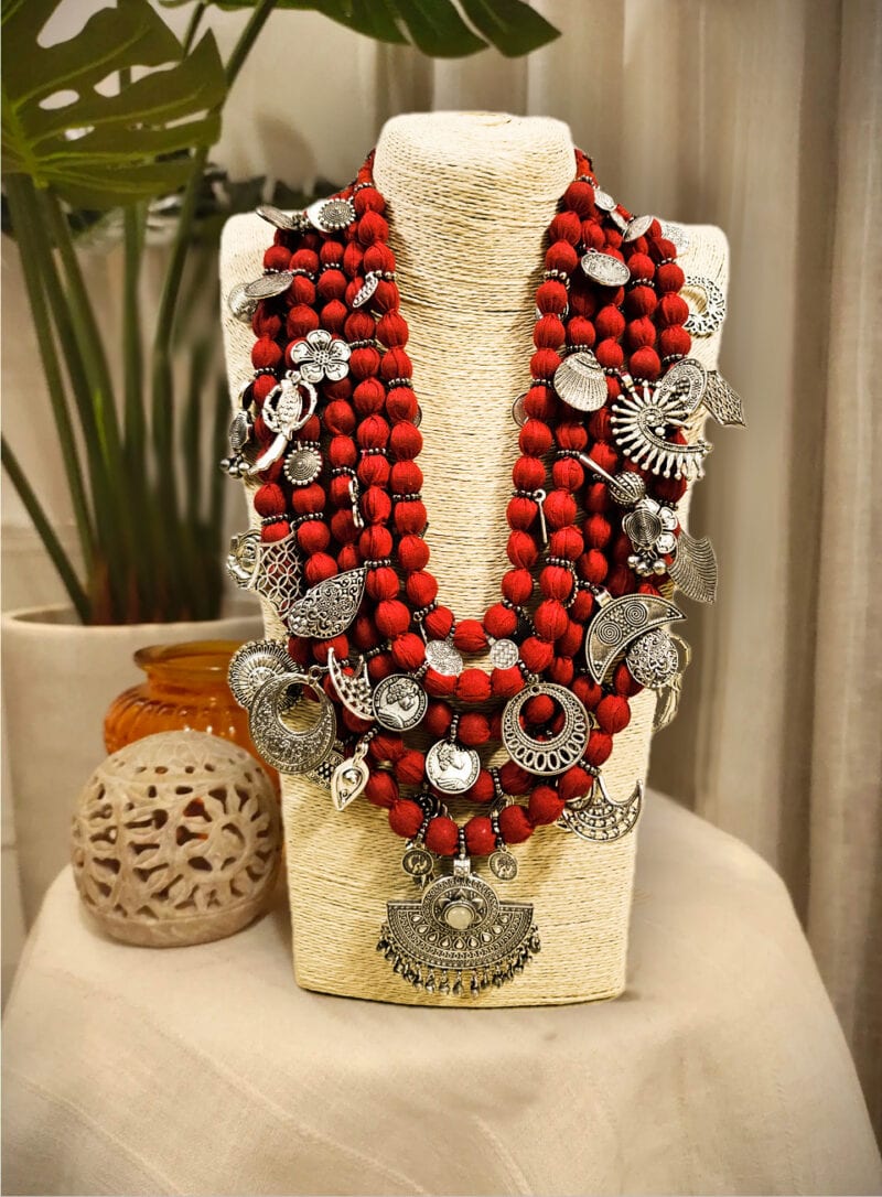 Bohemian Red Fabric Necklace with Eclectic Silver Charms