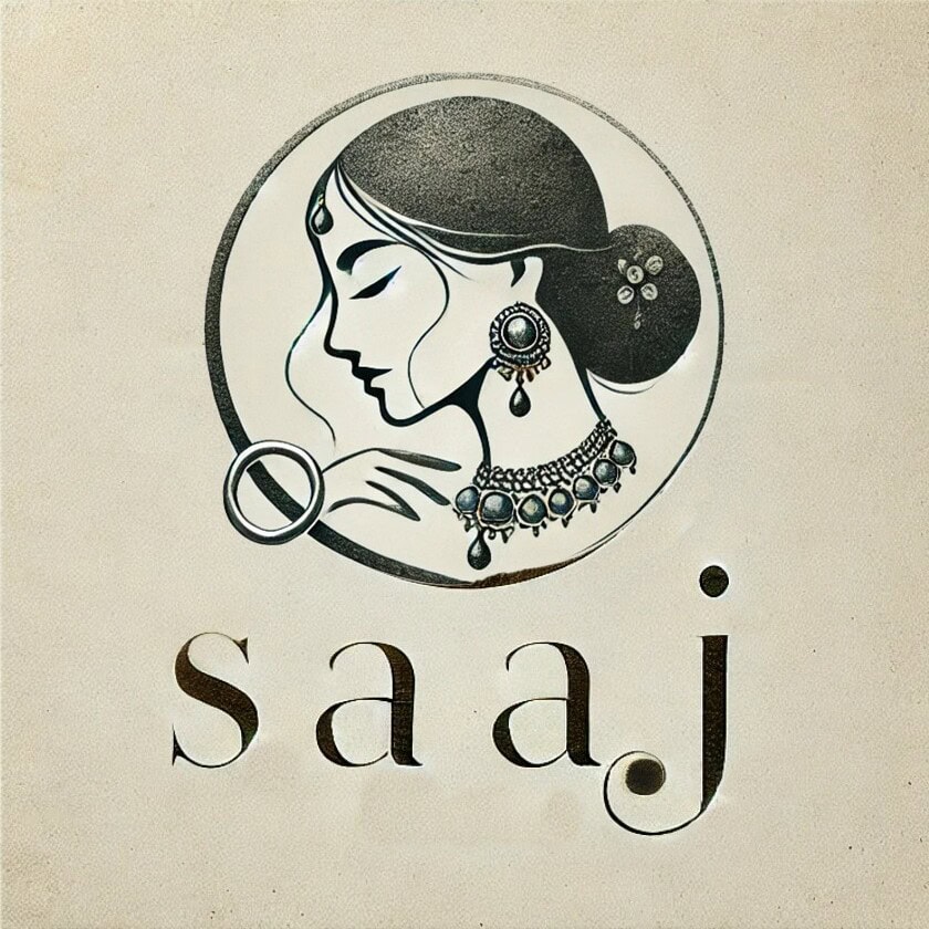 Elegant Indian woman illustration with traditional jewelry, showcasing Saaj jewelry brand, emphasizing ethnic jewelry, necklaces, earrings, and Indian fashion accessories.