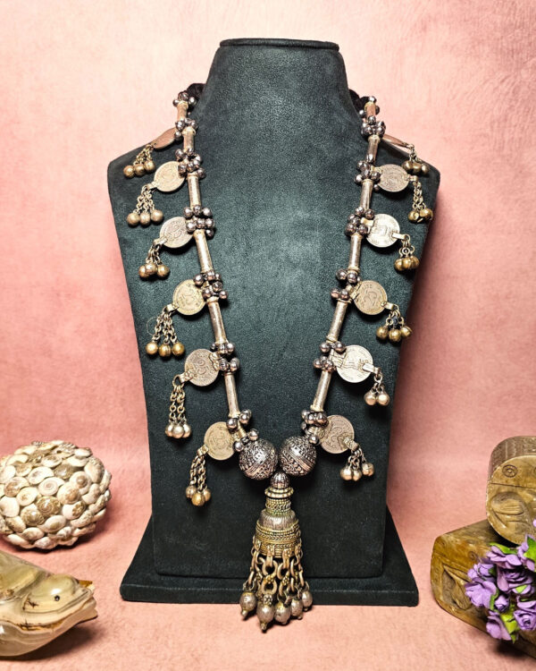 Vintage Indian antique silver necklace with coin and dangle embellishments, traditional jewelry for cultural festivities, handcrafted ethnic jewelry, Kurabels jewelry collection.