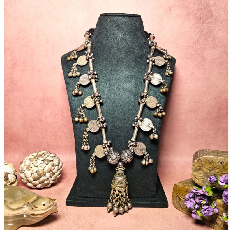Vintage Indian antique silver necklace with coin and dangle embellishments, traditional jewelry for cultural festivities, handcrafted ethnic jewelry, Kurabels jewelry collection.
