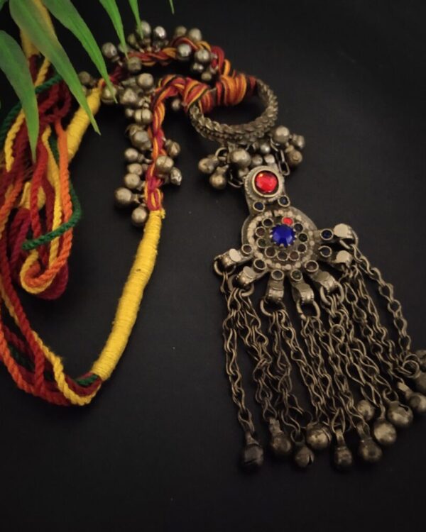 Antique Indian tribal necklace with colorful threads and metallic charms, traditional jewelry piece, handcrafted jewelry, ethnic jewelry, handcrafted tribal necklace, Kurabels Indian jewelry.