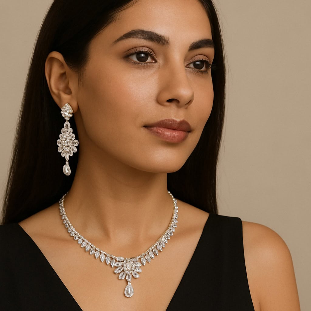Elegant Indian diamond jewelry set featuring a statement necklace and matching earrings, perfect for special occasions and festive celebrations.