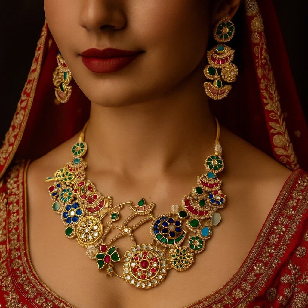 Vibrant Indian jewelry – colorful necklace and earrings with traditional design, gold-plated, Kundan work, for bridal or festive wear, stylish ethnic jewelry from Kurabels.