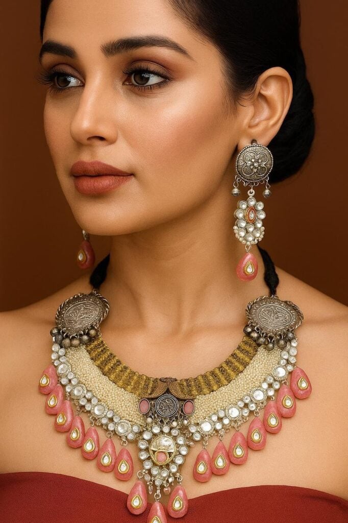 Gold and pink traditional Indian jewelry set featuring elaborate necklace and matching earrings with intricate silver designs and dangling pearl accents.