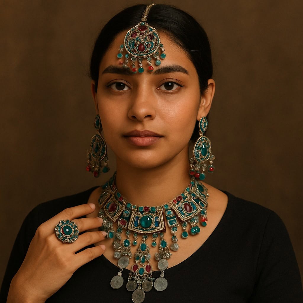 Elegant Indian jewelry set featuring turquoise and red stones for women, including a statement necklace, matching earrings, ring, and maang tikka, perfect for traditional and festive occasions.