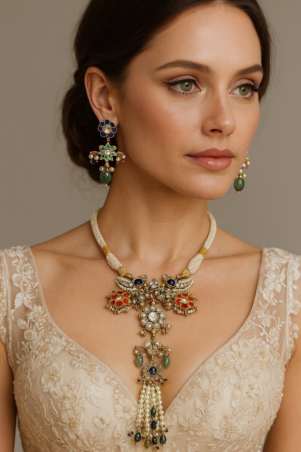 Elegant Indian jewelry set with floral earrings and a statement necklace featuring pearls, gemstones, and intricate design, perfect for traditional festive and wedding occasions.