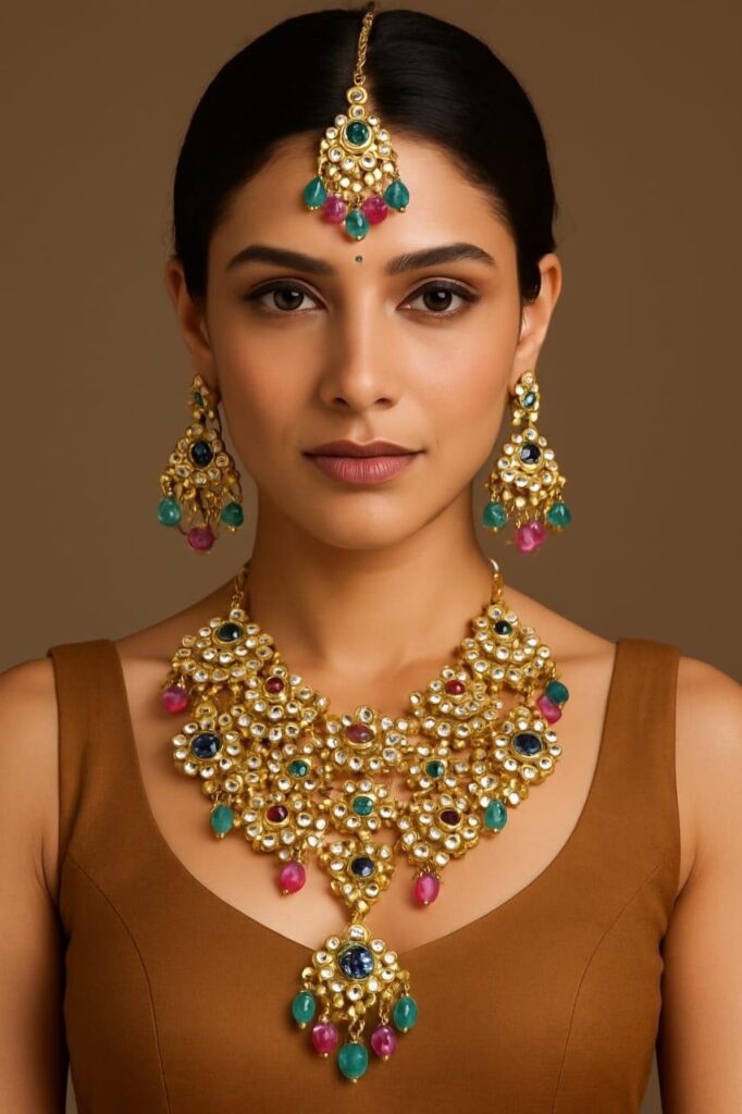 Intricate gold jewelry set featuring traditional Indian necklace and earrings with colorful gemstones for weddings and special occasions.