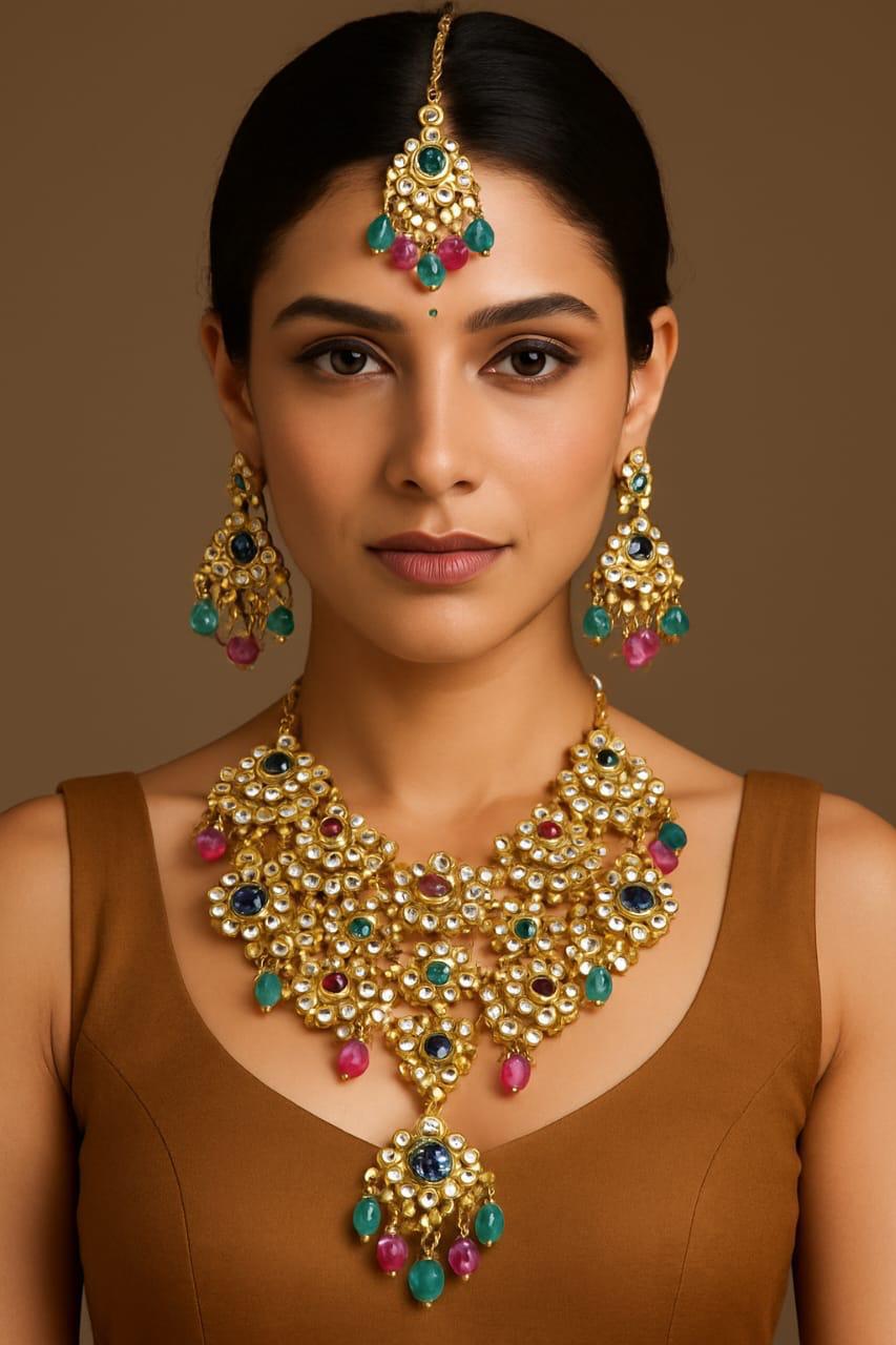 Intricate gold jewelry set featuring traditional Indian necklace and earrings with colorful gemstones for weddings and special occasions.