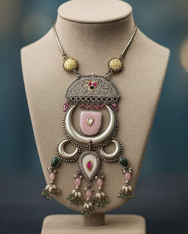 Elegant Indian statement necklace featuring intricate silver designs, pink and green gemstone accents, and traditional motifs, perfect for festive and cultural occasions.