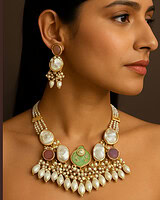 Elegant Indian jewelry with pearl and gemstone accents, including a statement necklace and matching earrings, perfect for traditional festive occasions.