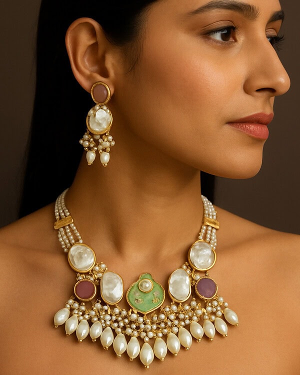 Elegant Indian jewelry with pearl and gemstone accents, including a statement necklace and matching earrings, perfect for traditional festive occasions.