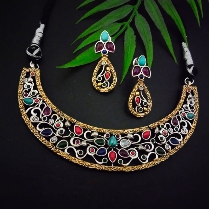 Silver and gold-plated jewelry set with colorful semi-precious stones, traditional Indian necklace and earrings, exquisite designer jewelry, perfect for festive and special occasions.