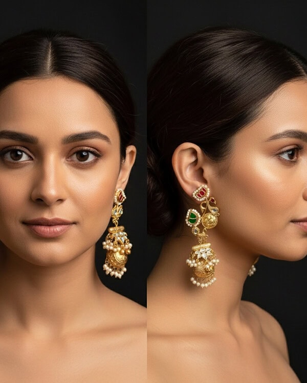 Exquisite traditional Indian jewelry featuring large gold-plated earrings with intricate pearl and gemstone accents, perfect for festive occasions and cultural celebrations.