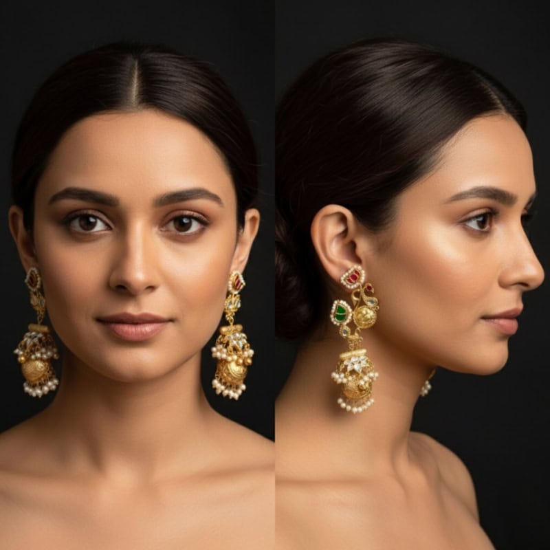 Exquisite traditional Indian jewelry featuring large gold-plated earrings with intricate pearl and gemstone accents, perfect for festive occasions and cultural celebrations.