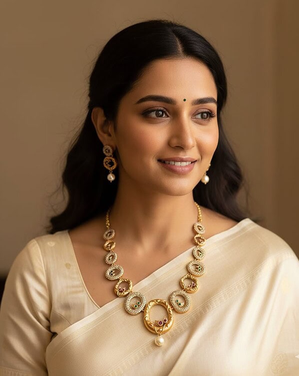 Elegant Indian fashion jewelry showcasing gold-tone necklaces, earrings, and exquisite designs perfect for weddings and festive occasions.