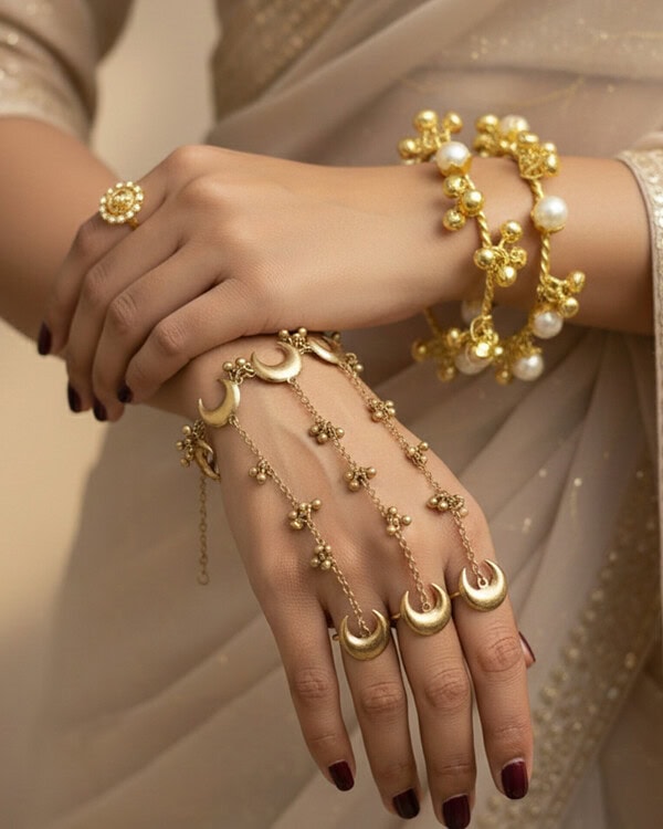 1. Gold Indian jewelry set including bangles, rings, and hand chain with crescent moon and crescent-shaped pendants.