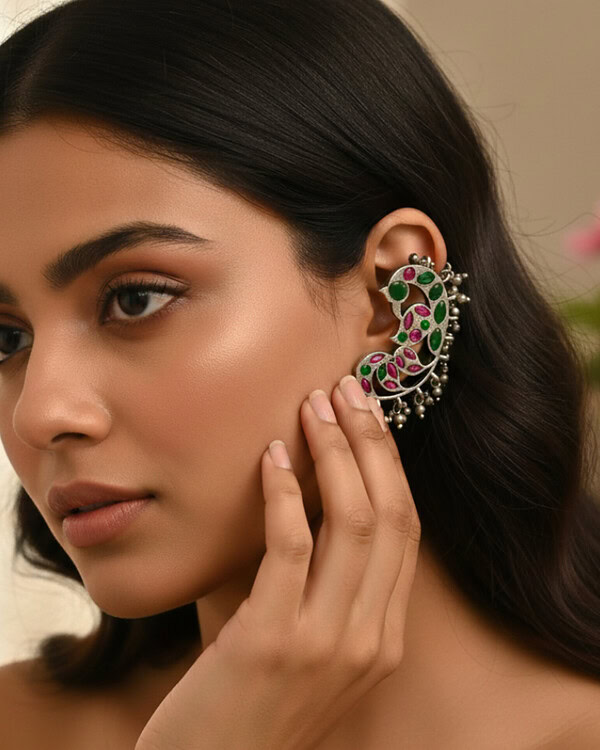 Elegant Indian fashion jewelry ear cuff with colorful stones and intricate design, perfect for traditional and contemporary outfits.