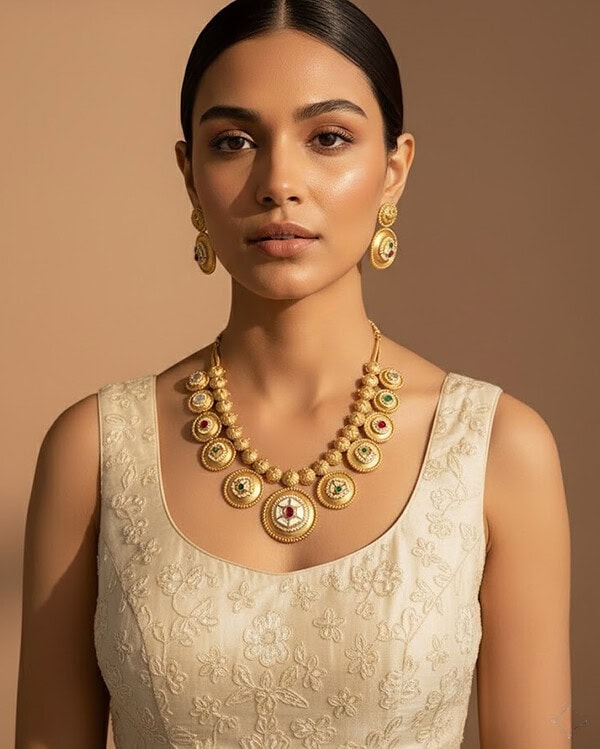 Beautiful traditional gold jewelry necklace and earrings set featuring intricate designs, perfect for special occasions and festive celebrations.
