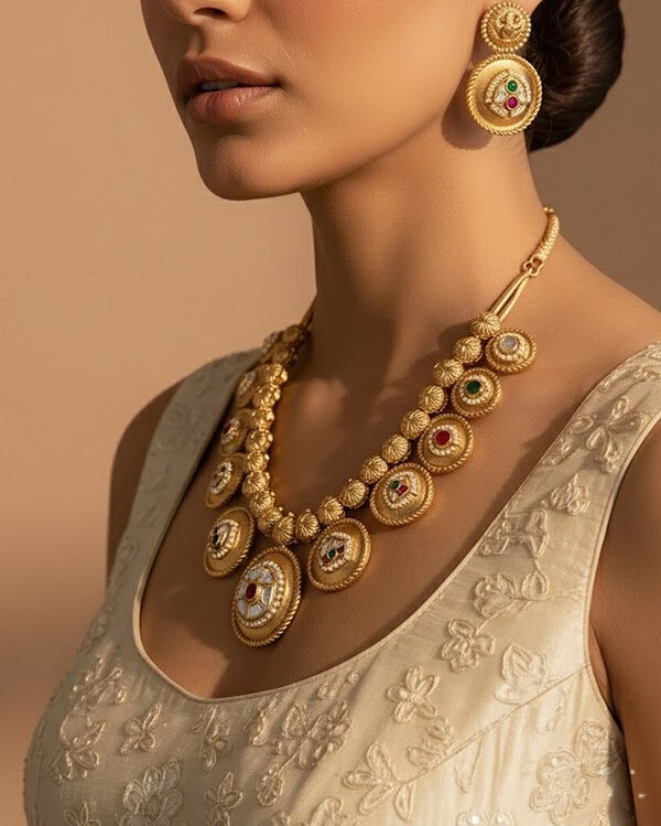 Beautiful traditional Indian jewelry set featuring gold and Kundan necklace and earrings, perfect for festive occasions and weddings.