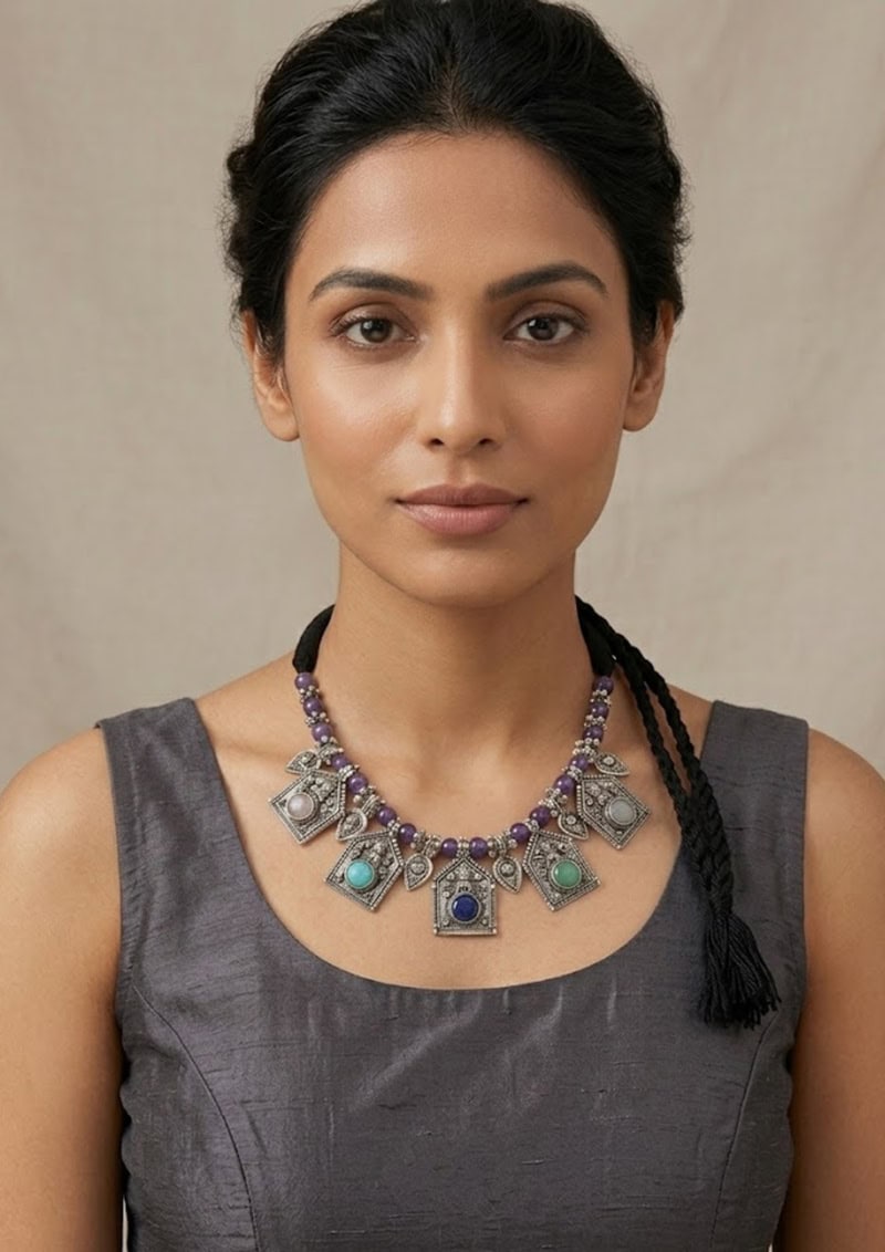 Elegant Indian Jewelry Necklace for Women. Beautiful handcrafted Indian jewelry necklace featuring colorful stones and intricate silver designs, perfect for traditional and festive occasions.