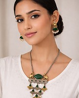 Elegant green and gold traditional Indian jewelry featuring a statement necklace and matching earrings, perfect for festive occasions and cultural celebrations.
